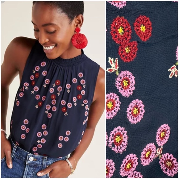 Farm Rio x Anthropologie Flower Embroidery Night Blue Sleeveless Blouse Tank Top - Picture 1 of 12